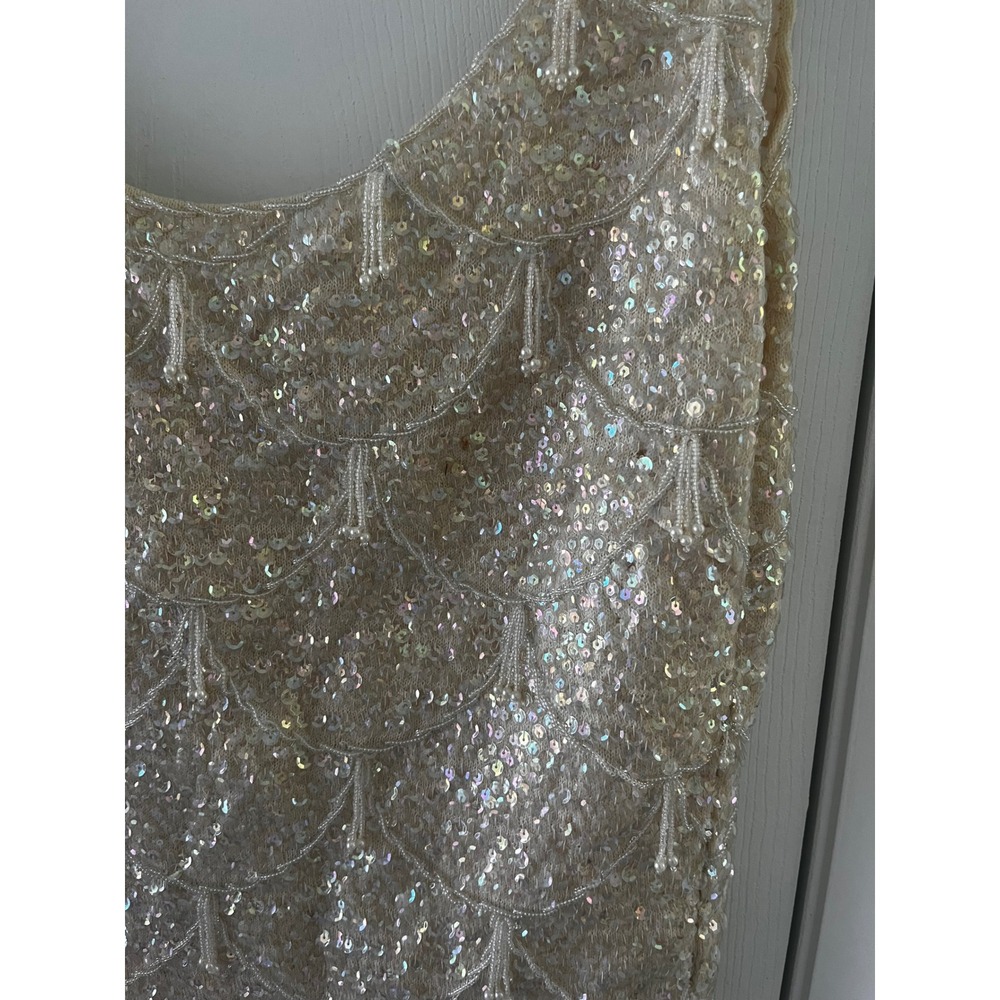 Vintage Wool Sequin Beaded Fringe Shell Top Cream Iridescent Small Flapper - Picture 14 of 14